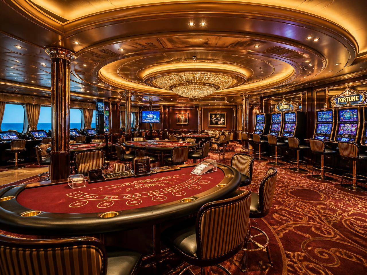 Casino a bordo del crucero, con mesas de juego y máquinas dentro del salón del buque