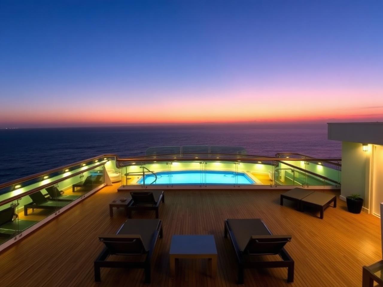 Cubierta abierta de crucero al atardecer con piso de madera y piscina iluminada