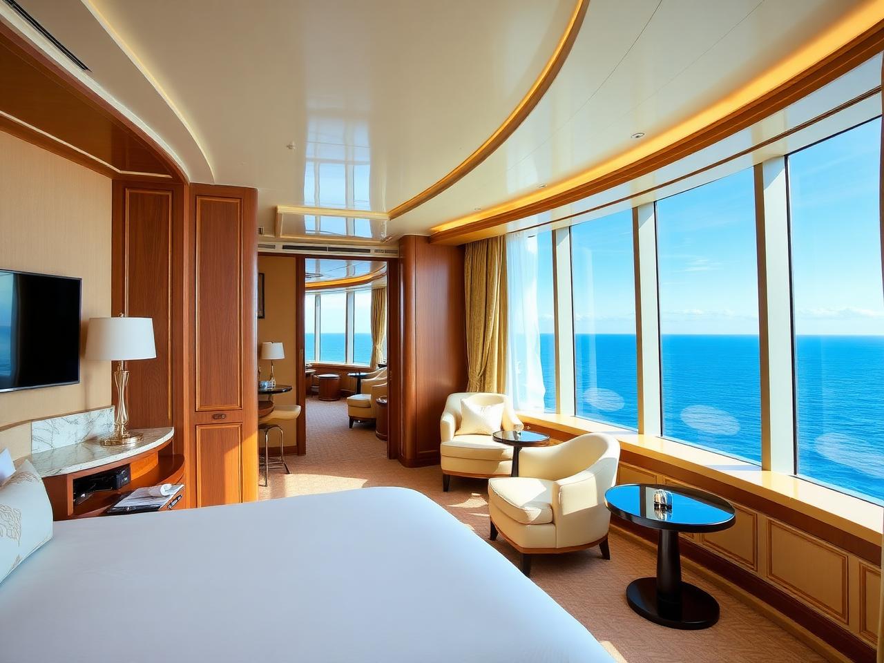 Suite de crucero con ventanal panorámico al océano y mobiliario en madera clara
