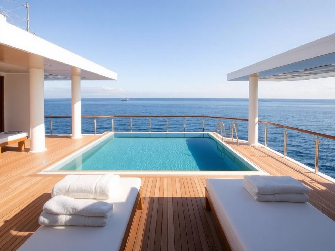 Área de wellness a bordo con piscina, tumbonas y vista abierta al océano
